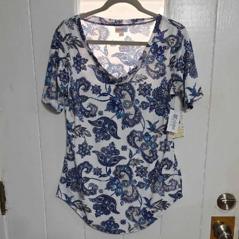 NWT Lularoe Iris Women's Shirt White/Blue Paisley‎ Comfort Sz XXS